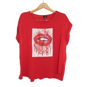 Trende Red Sequin Lips Top XL Graphic Tee Y2K Glam Rock Whimsigoth Blouse